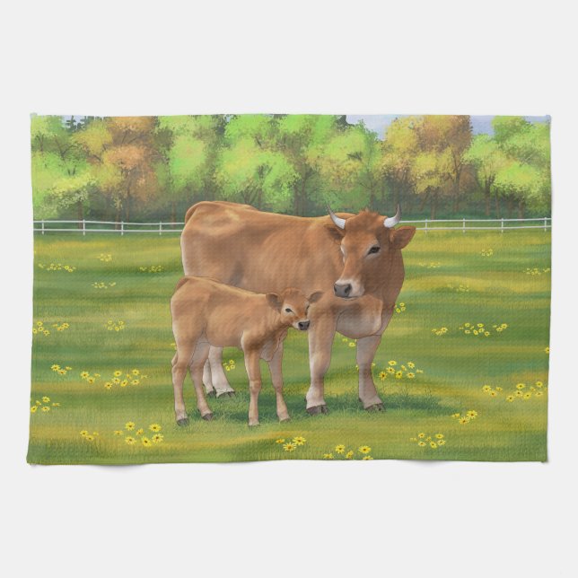 Aubrac Cow & Niedlich Calf in Frühlingsweide Geschirrtuch (Horizontal)