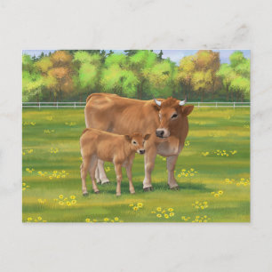 Aubrac Cow & Niedlich Calf in Frühlingsweide Postkarte