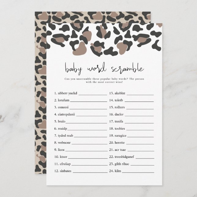 AUBREE Leopard Print Baby Word Scramble Game Invi Einladung (Vorne/Hinten)