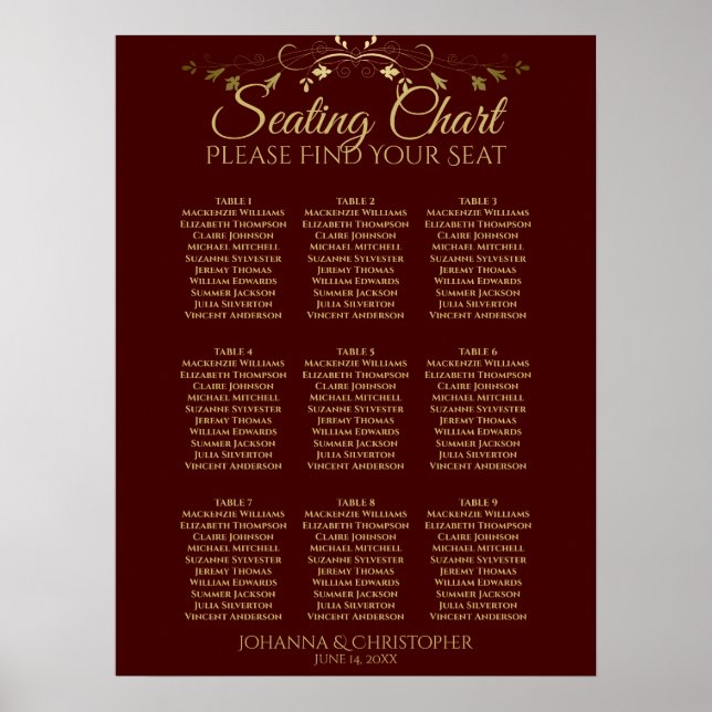 Auburn Brown & Gold 9 Table Wedding Chart Poster (Vorne)