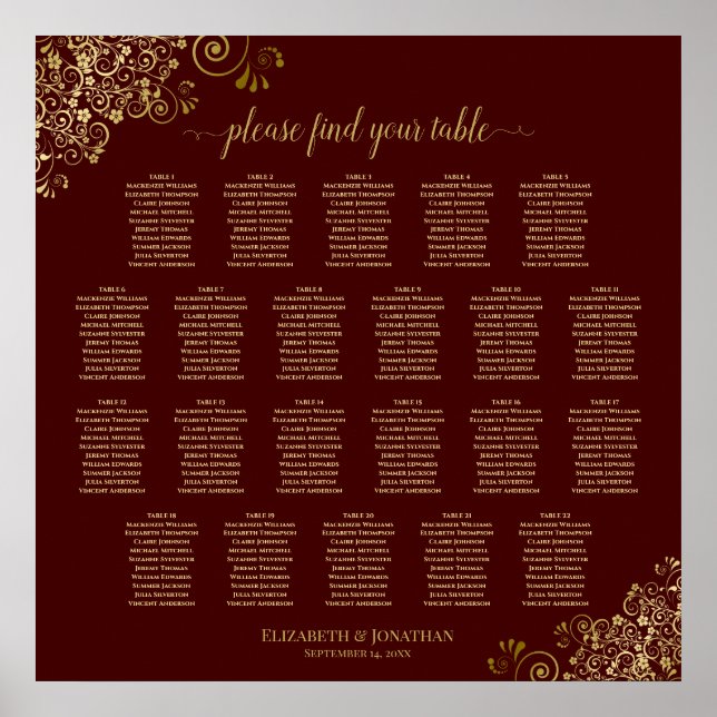 Auburn Brown & Gold Lace 22 Table Seating Chart Poster (Vorne)