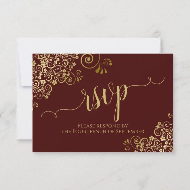 Auburn Brown & Gold Lace Calligraphy Wedding RSVP Karte (Vorderseite)
