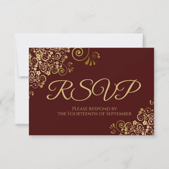 Auburn Brown mit eleganter Gold Lace Hochzeit RSVP Karte (Vorderseite)