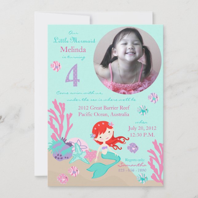 Auburn Mermaid 4. Geburtstag Einladung (Vorderseite)