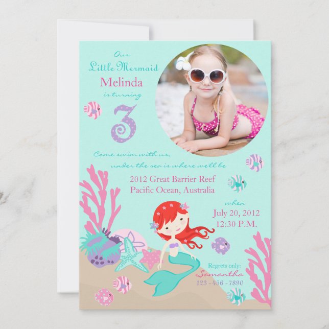 Auburn Mermaid Dritter Geburtstag Einladung (Vorderseite)