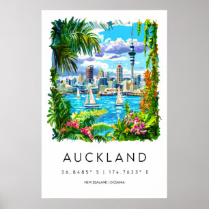 Auckland Aquarell Vintage Reiseposter Skifahren Poster