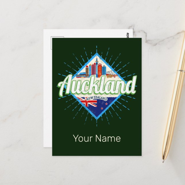Auckland Neuseeland Retroskyline Vintag Postkarte (Vorderseite/Rückseite Beispiel)