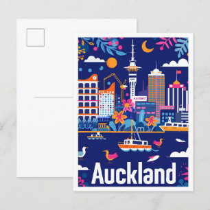 Auckland New Zealand Vintage Travel Illustration Postkarte