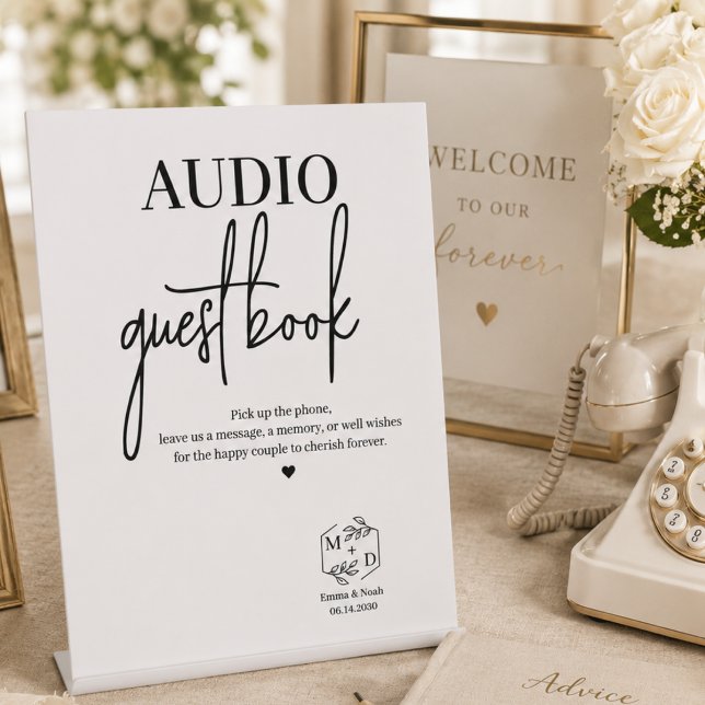 Audio-Gästebuch Hochzeitsfeier Sockelschild (Audio Guest Book Wedding Party Pedestal Sign modern minimalist calligraphy script)