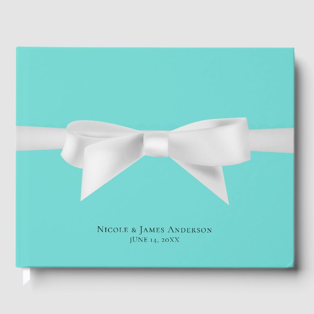 Audrey Aquamarin White Bow Modern Glam Wedding Bri Gästebuch (Vorderseite)