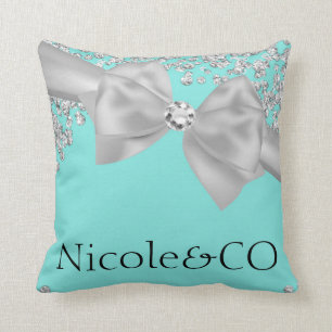 Audrey Blue Big White Bow Diamonds Glam Custom Kissen