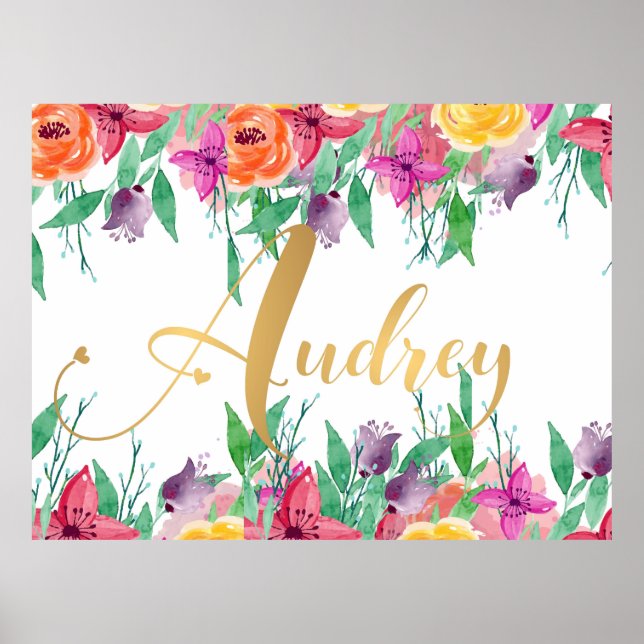 Audrey Name Sign Floral Typografie Gold Calligraph Poster (Vorne)