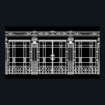 AUDREY'S ART DECO IRONWORK: WEISS AUF SCHWARZ POSTER<br><div class="desc">Audrey's Ironwork ist der schmiedeeiserne Zaun und das Tordesign aus dem Hintergrund unseres Art-Déco-Modedesigns "Audrey". Die Eisenwerkkomposition wurde mit mehreren Fotos französischer Art-Déco-Eisenarbeiten - Zäune,  Tore,  Säulen und einem Steinwerk-Design aus der oberen Kante eines Gebäude erstellt. Schöne architektonische Details.</div>