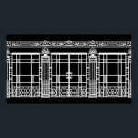 AUDREY'S ART DECO IRONWORK: WEISS AUF SCHWARZ POSTER<br><div class="desc">Audrey's Ironwork ist der schmiedeeiserne Zaun und das Tordesign aus dem Hintergrund unseres Art-Déco-Modedesigns "Audrey". Die Eisenwerkkomposition wurde mit mehreren Fotos französischer Art-Déco-Eisenarbeiten - Zäune,  Tore,  Säulen und einem Steinwerk-Design aus der oberen Kante eines Gebäude erstellt. Schöne architektonische Details.</div>