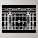 AUDREY'S ART DECO IRONWORK: WEISS AUF SCHWARZ POSTER<br><div class="desc">Audrey's Ironwork ist der schmiedeeiserne Zaun und das Tordesign aus dem Hintergrund unseres Art-Déco-Modedesigns "Audrey". Die Eisenwerkkomposition wurde mit mehreren Fotos französischer Art-Déco-Eisenarbeiten - Zäune,  Tore,  Säulen und einem Steinwerk-Design aus der oberen Kante eines Gebäude erstellt. Schöne architektonische Details.</div>