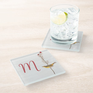 Audubon-Gelbvogel auf Blume mit Monogramm Glasuntersetzer