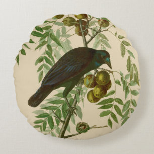 Audubon Purple Grackle Vogel Druck Vintage Botanik Rundes Kissen