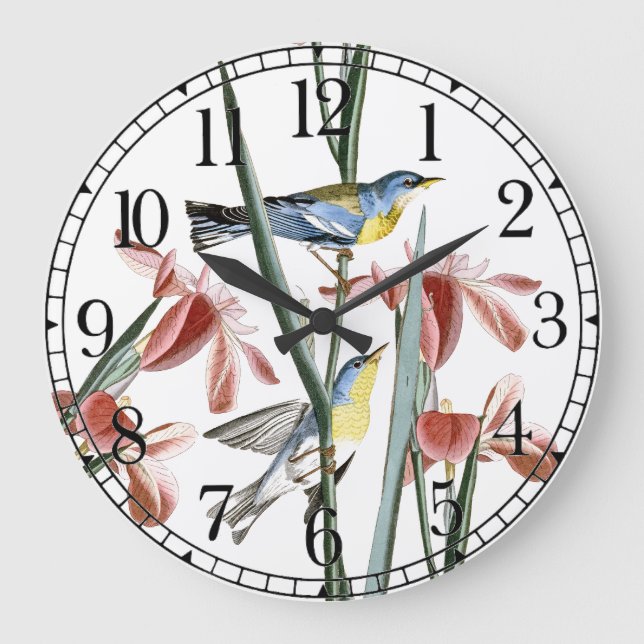 Audubon Warbler Birds Wildlife Floral Wall Clock Große Wanduhr (Vorderseite)