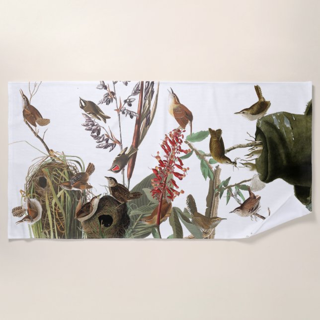 Audubon Zaunkönig-Vogel-Nest-Blumen-Badetuch Strandtuch (Vorderseite)