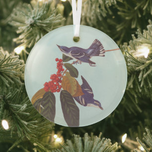 Audubons Blaukehl-Waldsänger-Paar mit Beeren Ornament Aus Glas