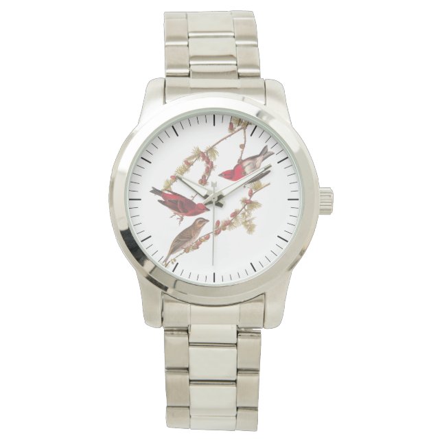 Audubons Lila Finch Rote Vögel Vintage Kunst Armbanduhr (Vorderseite)
