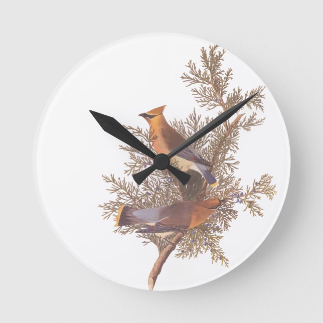 Audubons Zederwaxwing-Vogel-Paare auf Runde Wanduhr (Vorderseite)