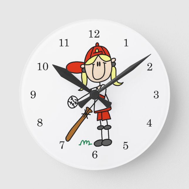Auf Bat Girl Strichmännchen Baseball Geschenke Runde Wanduhr (Vorderseite)