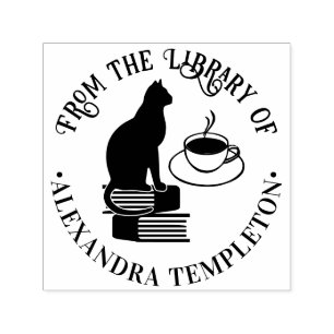 Auf Büchern sitzende Katze, Kaffee Bibliotheksbuch Permastempel