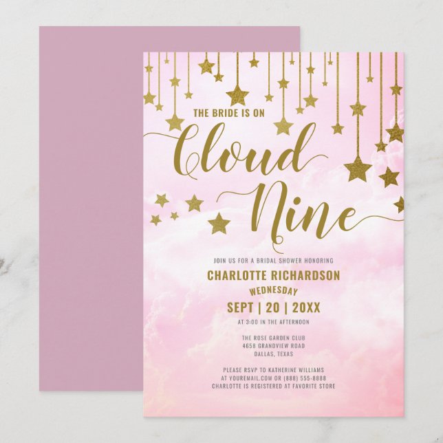 Auf Cloud Nine Dreamy Pastellrosa Brautparty Einladung (Vorne/Hinten)