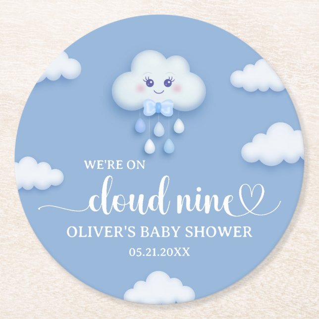 Auf Cloud Nine Modern Blue Boy Baby Dusche Runder Pappuntersetzer (Vorderseite)