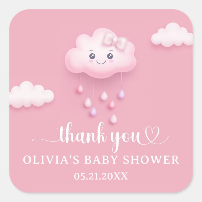 Auf Cloud Nine Modern Pink Girl Baby Dusche Quadratischer Aufkleber (Vorderseite)