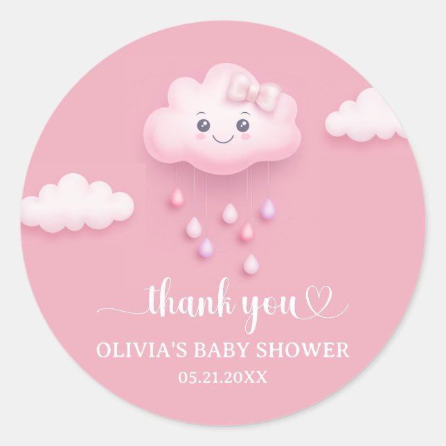 Auf Cloud Nine Modern Pink Girl Baby Dusche Runder Aufkleber (Vorderseite)