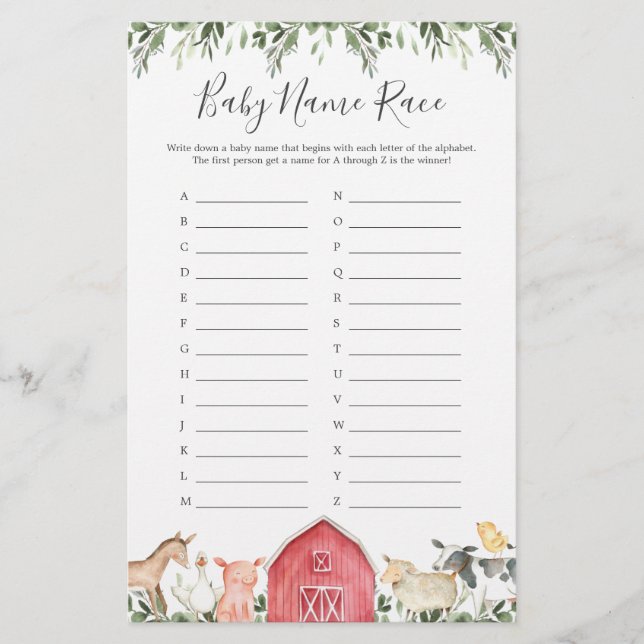 Auf dem Bauernhof Baby Duschname Race Game (Vorderseite)