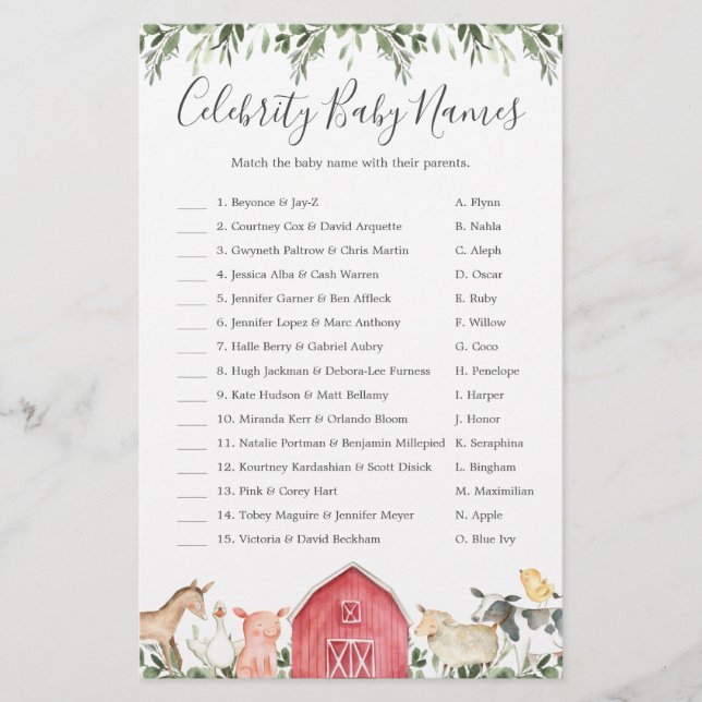 Auf dem Bauernhof Baby Shower Celebrity Baby Names (Vorderseite)