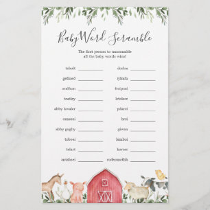 Auf dem Bauernhof Baby Shower Word Scramble Game
