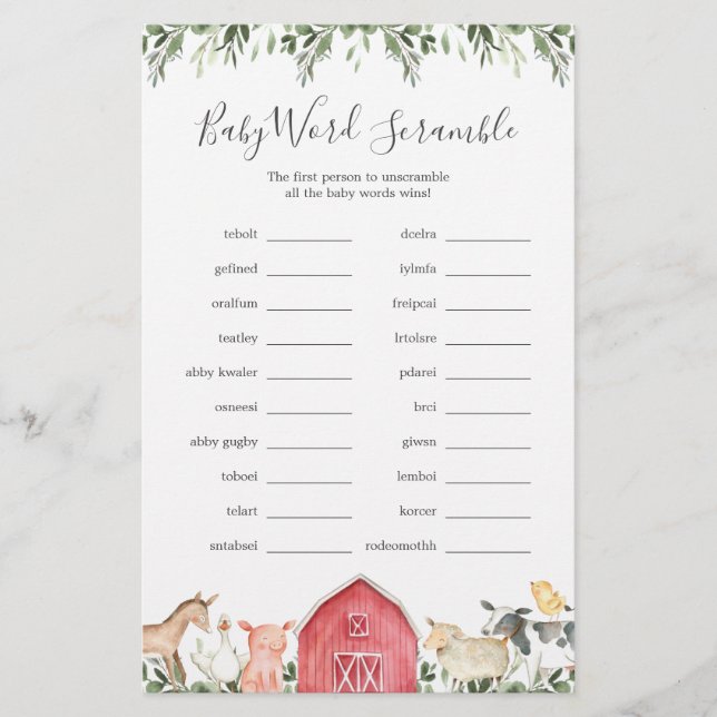 Auf dem Bauernhof Baby Shower Word Scramble Game (Vorderseite)