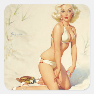 Auf dem Beach Retro Button-up Girl Quadratischer Aufkleber