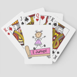 Auf dem Bett hüpfende Stockfigur Mädchen Spielkarten