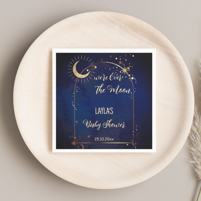 Auf dem Mond gedruckte Himmelssäulendusche Serviette (Over the Moon celestial Baby Shower monogrammed personalized printed Napkins table decor)