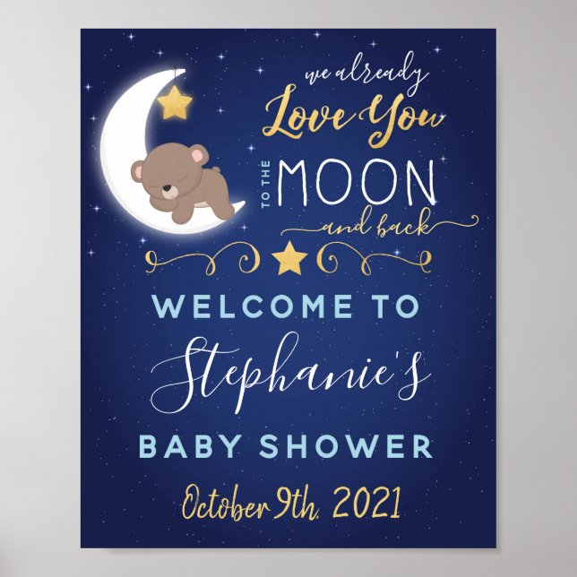 Auf dem Mond und hinten Babydusche Willkommenspend Poster (Vorne)