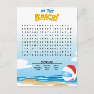 Auf der Beach Word Search Activity Card Postkarte