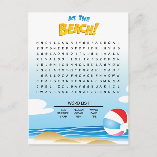 Auf der Beach Word Search Activity Card Postkarte (Vorderseite)