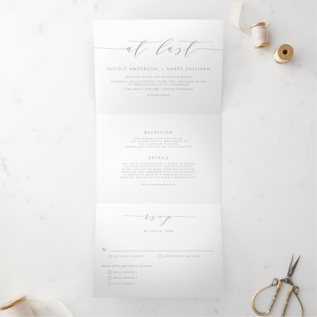 Auf der letzten Seite Grün Minimalistische Skripth Dreifach Gefaltete Einladung (Innenseite)