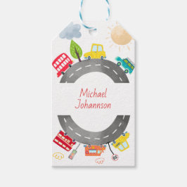 Auf der Straße glückliche Fahrzeuge Junge Geburtst Geschenkanhänger