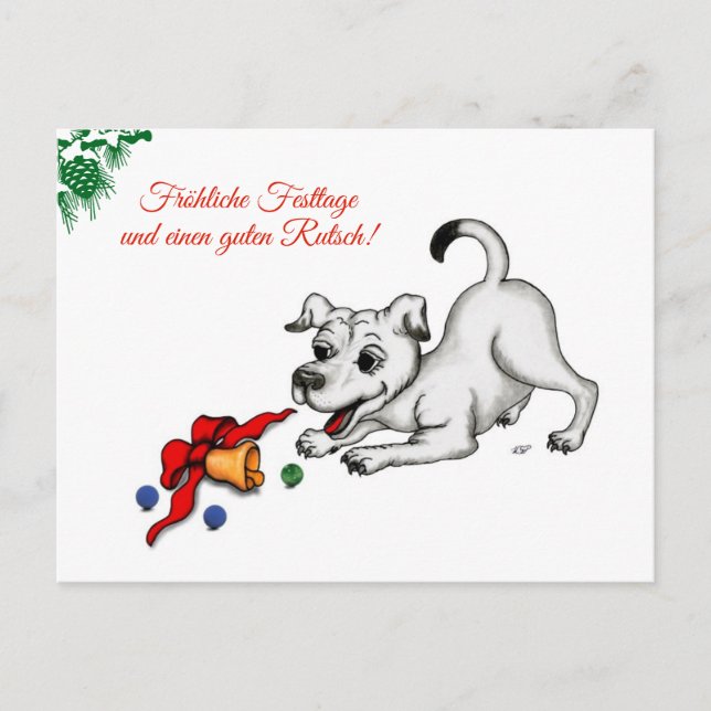 auf Deutsch Weihnachten mit Welpe Glocke und Ball Postkarte (Vorderseite)