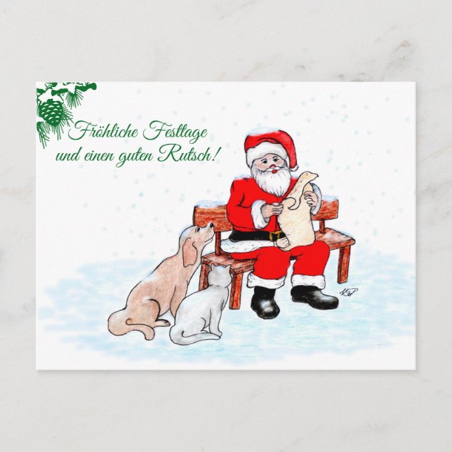 auf Deutsch Weihnachtsmann mit Hund und Katze Postkarte (Vorderseite)