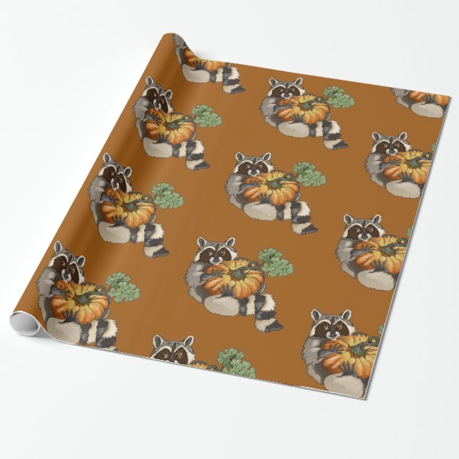Auf einem Roll Raccoon Pumpkin Herbst Geschenkpapier (Ungerollt)