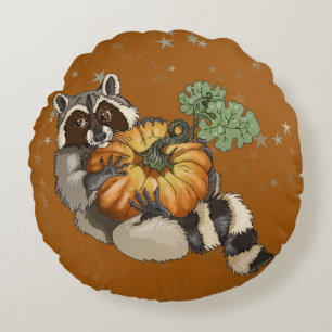 Auf einem Roll Raccoon Pumpkin Herbst Rundes Kissen