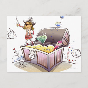 Auf einer Schatztruhe stehende weibliche Pirate Postkarte