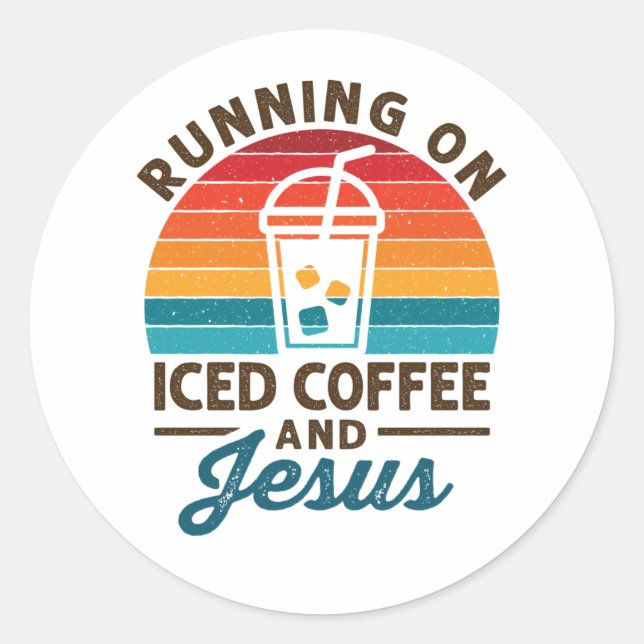 Auf Eiskaffee und Jesus Retro laufen Runder Aufkleber (Vorderseite)